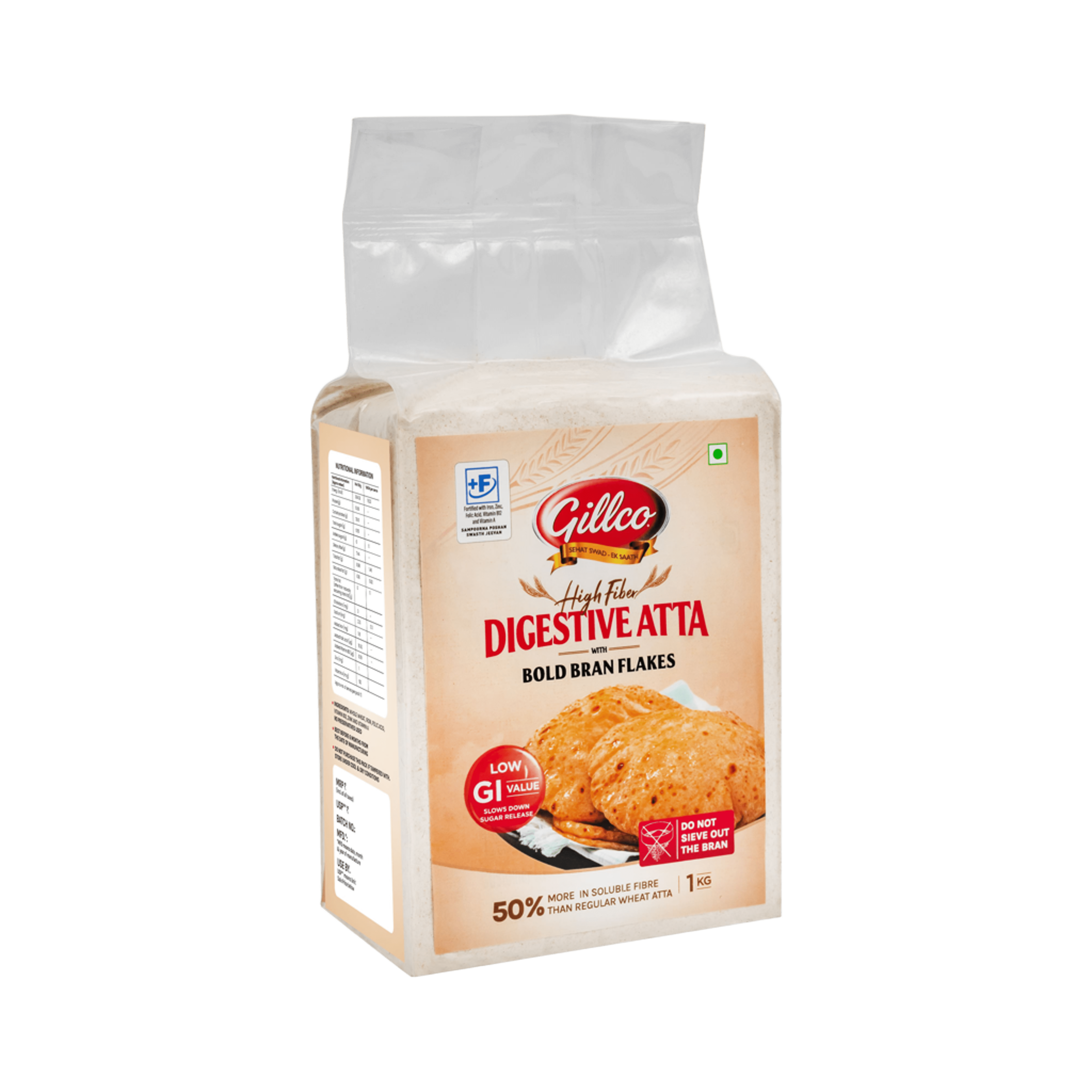 Gillco High Fibre Digestive Atta 1kg (Vacuum Packed) with  Bold Bran Flakes | 50% More Insoluble Fibre Than Regular  Chakki Atta | Fortified Whole Wheat Flour for Soft Roti  & Controlled Sugar Release